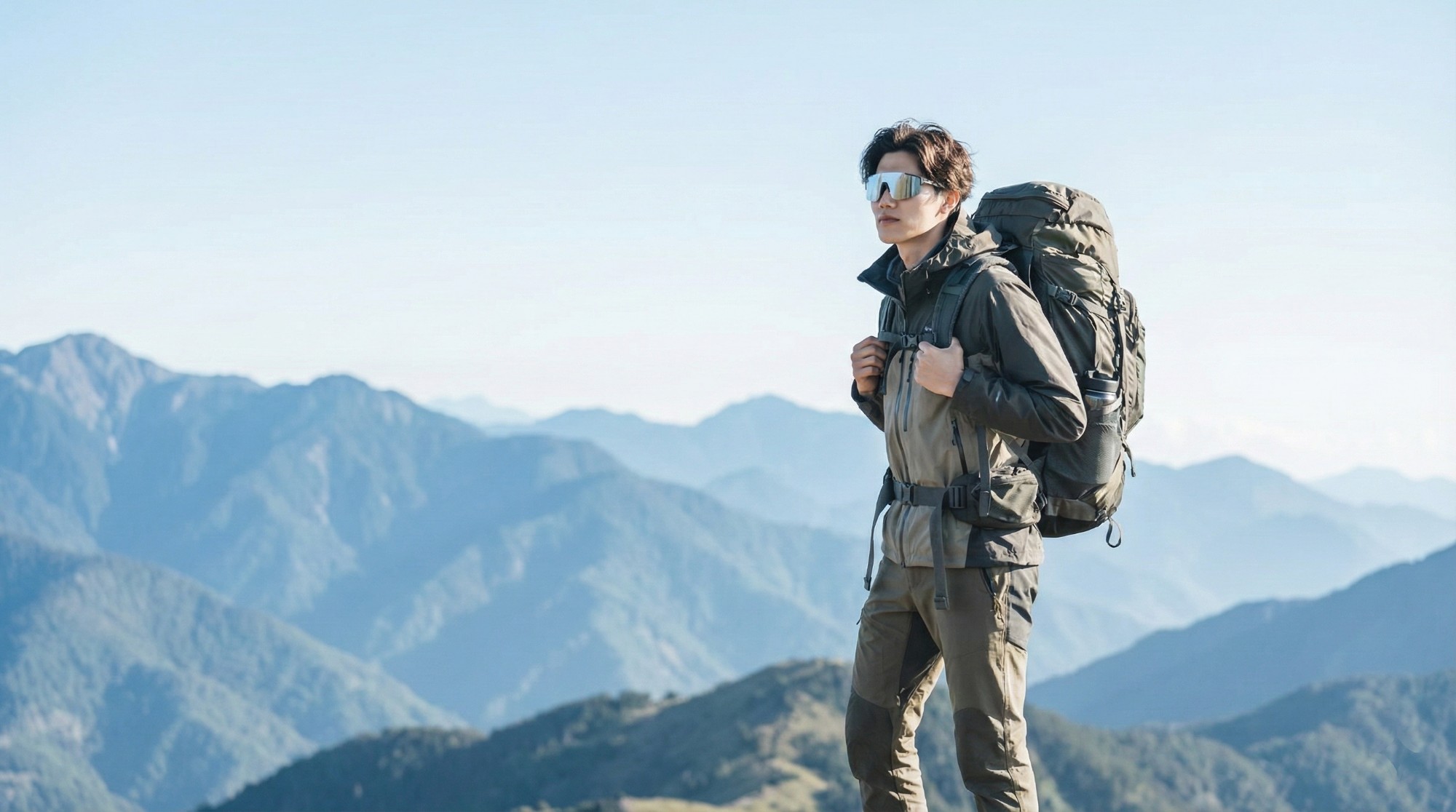 台灣登山客背重裝配戴Altalist眼鏡望向山脈