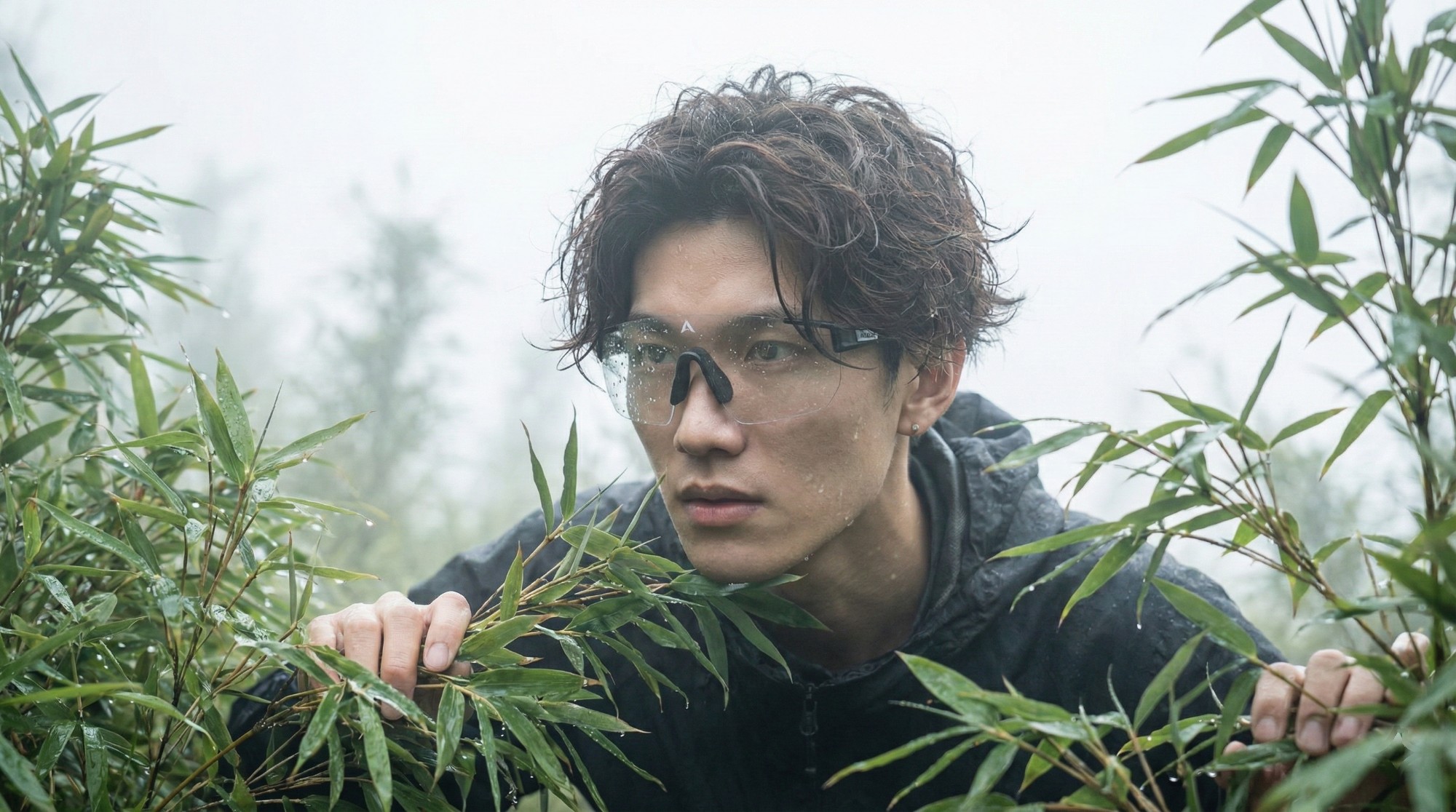 清晨迷霧森林中配戴透明狀態鏡片的登山客