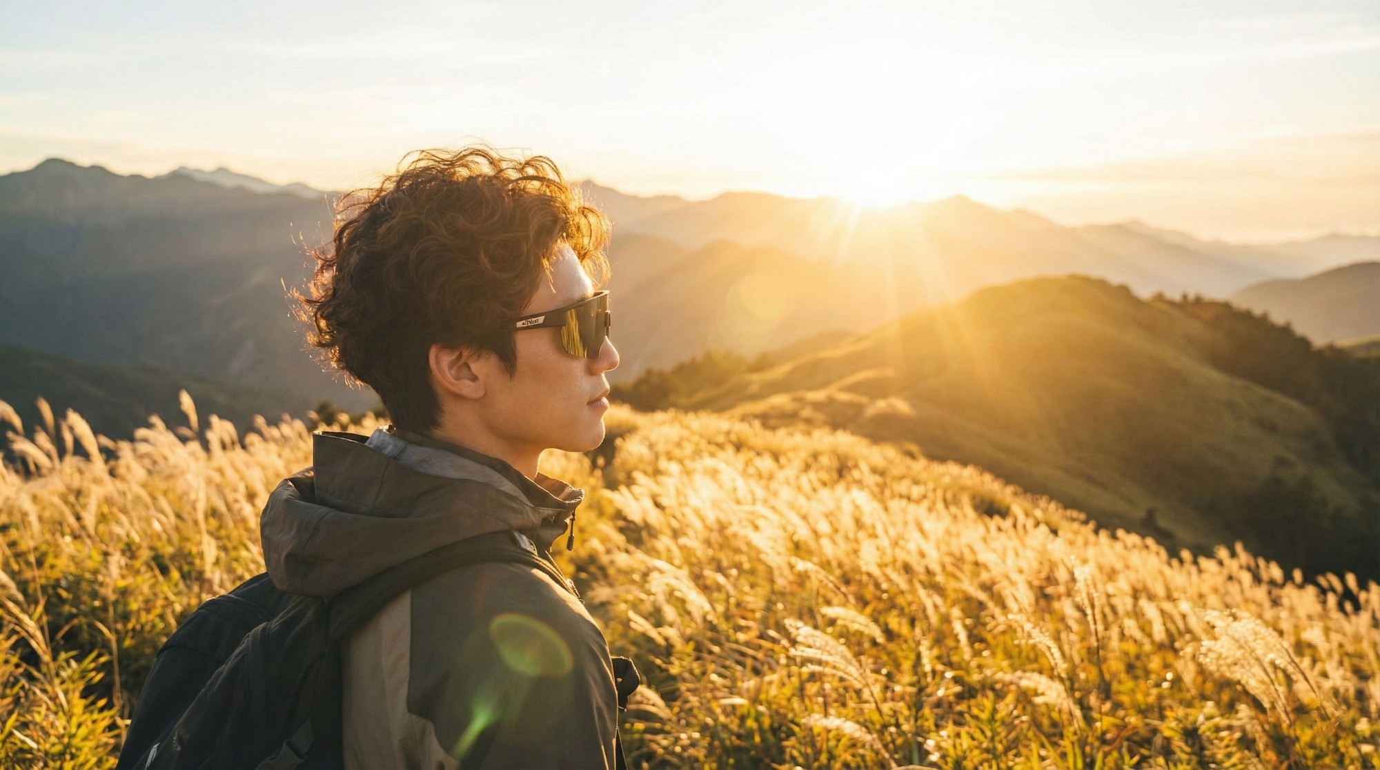 夕陽下的箭竹草原與享受美景的登山客