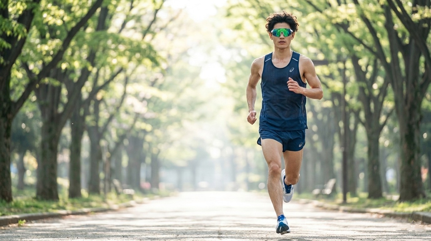 日本男跑者在代代木公園陽光下奔跑，配戴防風運動眼鏡