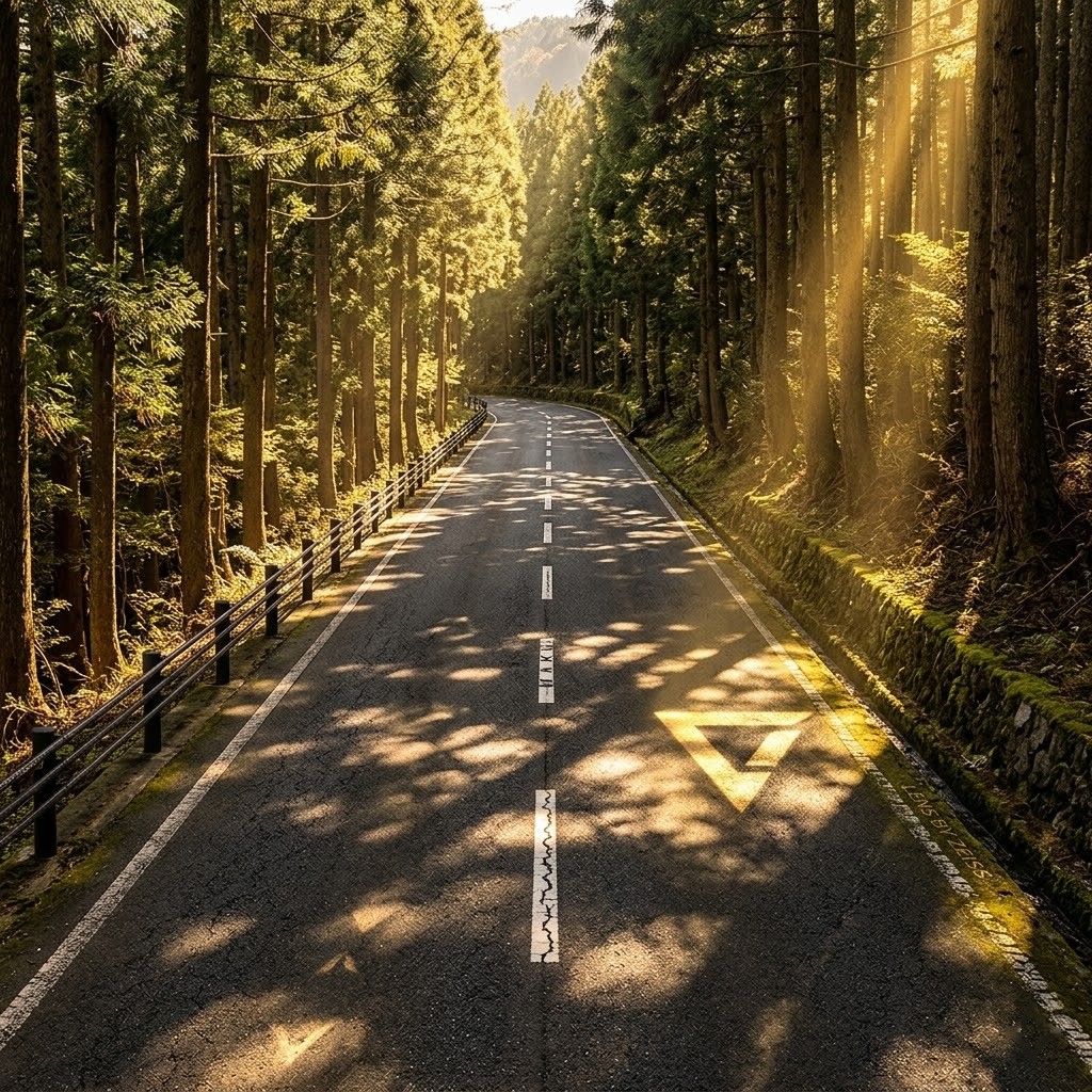 日本山間公路破碎光影下的單車騎士實景