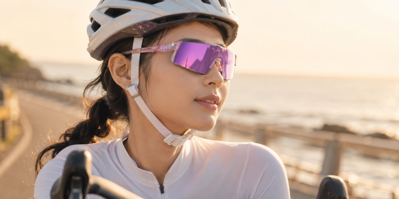 一位台灣女性自行車騎士，在夕陽下的海濱自行車道上優雅騎行，她佩戴ALTALIST HAYATE R2S運動太陽眼鏡，鏡片設計完美貼合窄臉輪廓，展現時尚與輕盈