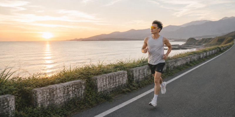 台灣跑者在夕陽下的海岸線上進行長跑訓練，配戴HAYATE R3運動眼鏡，鏡片呈現自動變色效果