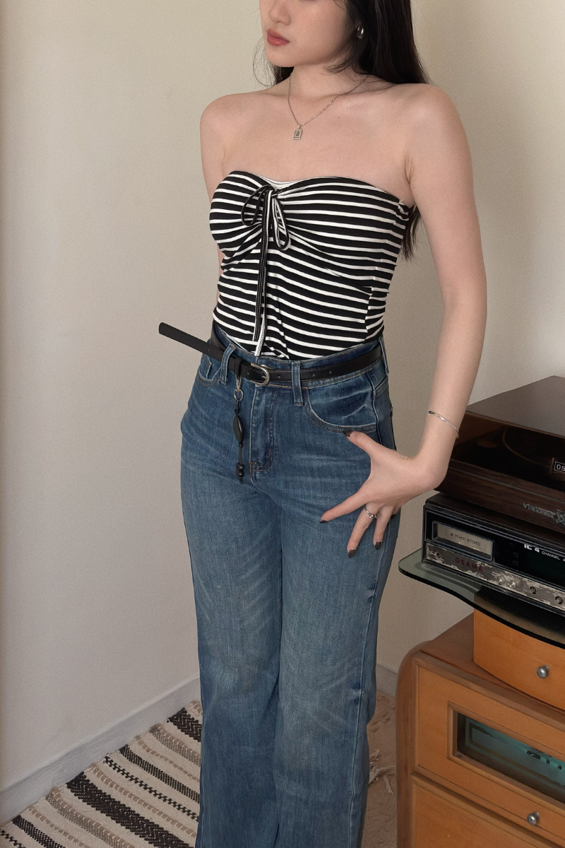 條紋抹胸抽繩Bra Top_黑_2_800x1200