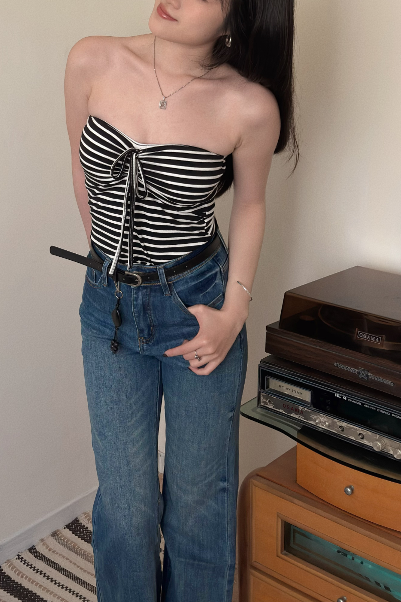 條紋抹胸抽繩Bra Top_黑_5_800x1200