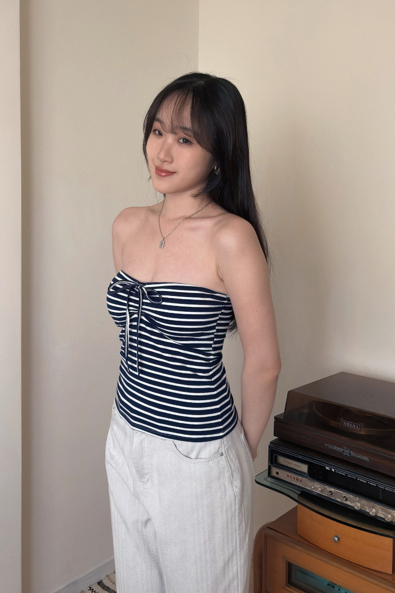 條紋抹胸抽繩Bra Top_藍_2_800x1200