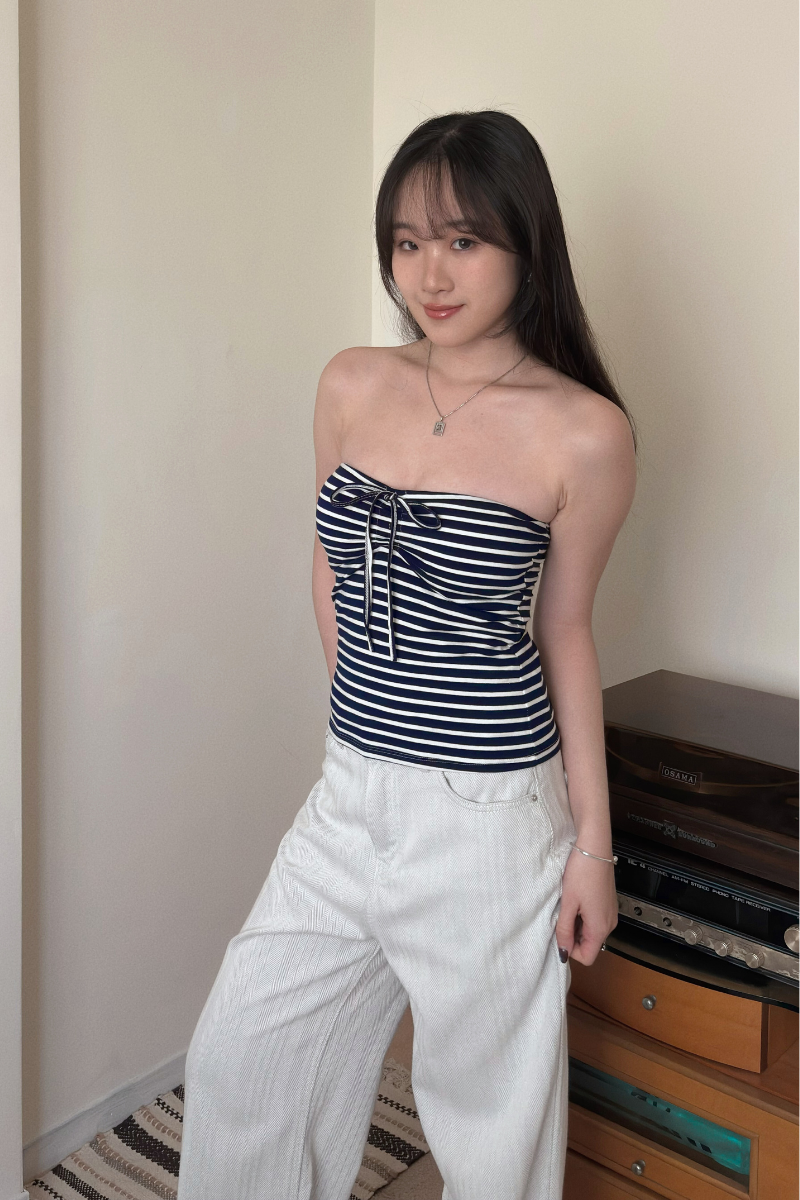 條紋抹胸抽繩Bra Top_藍_3_800x1200