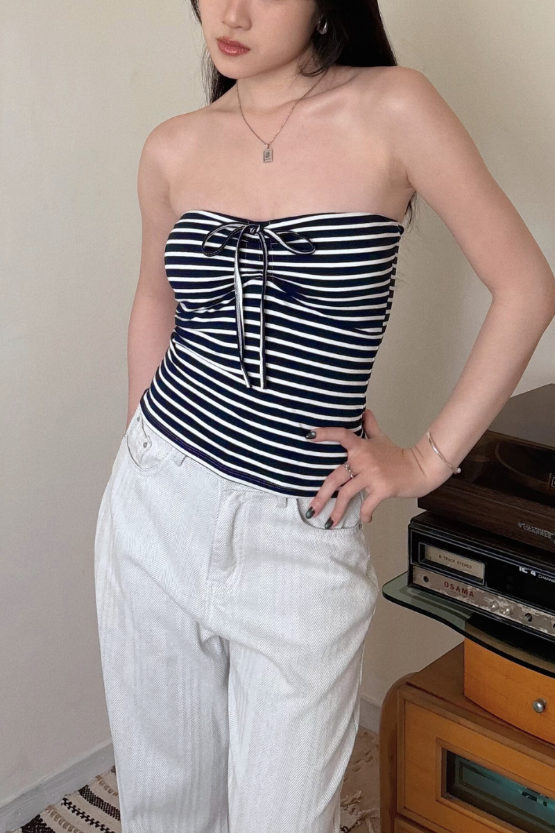 條紋抹胸抽繩Bra Top_藍_5_800x1200