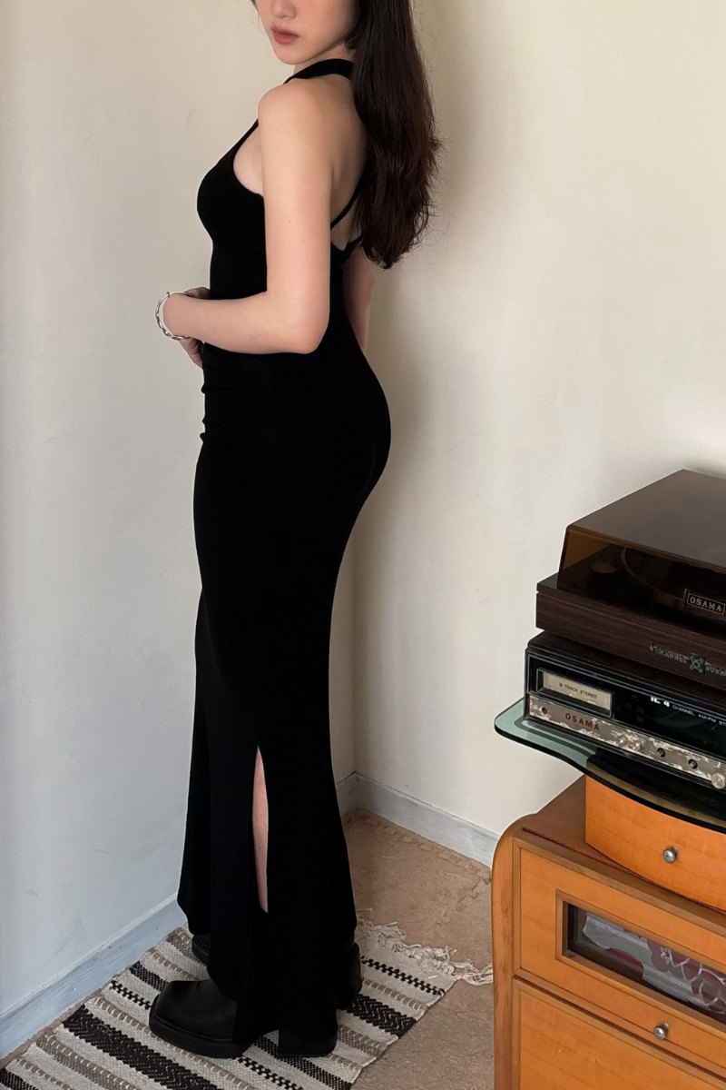 美背交叉長洋裝套裝_黑_4_800x1200