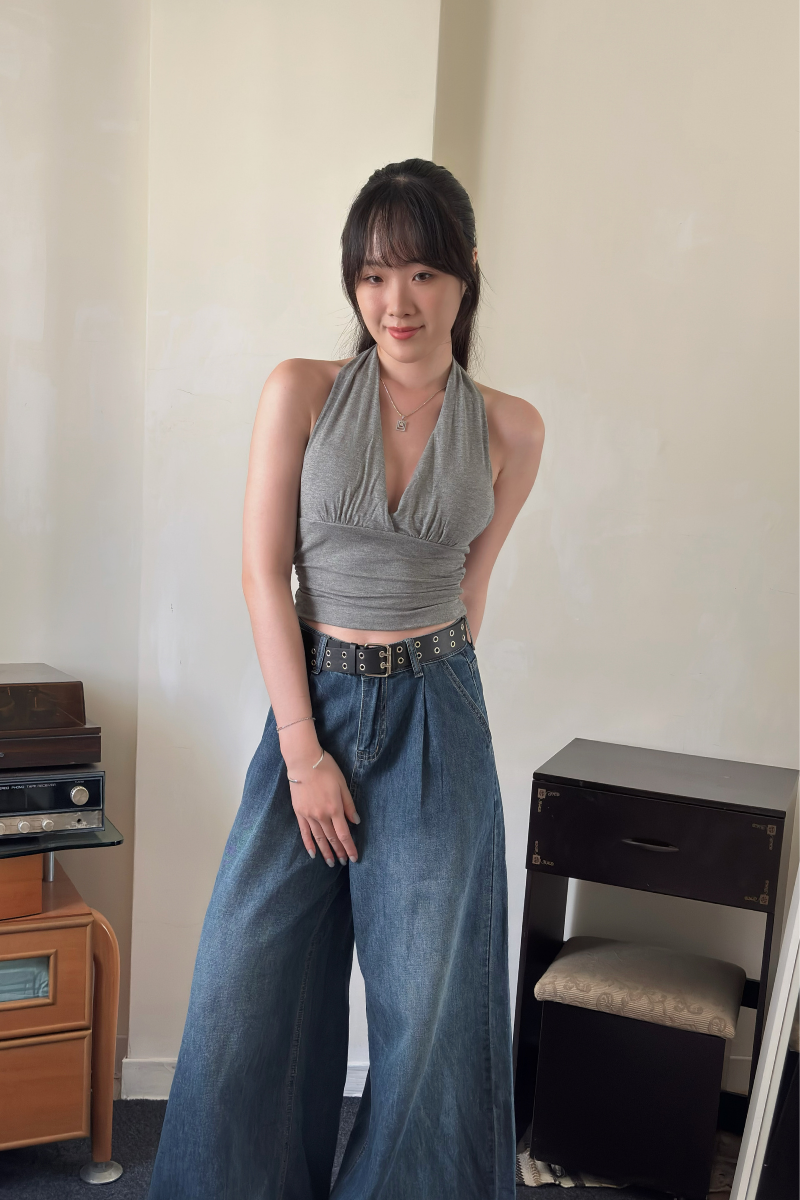 掛脖深V抓皺Bra Top_灰_6_800x1200