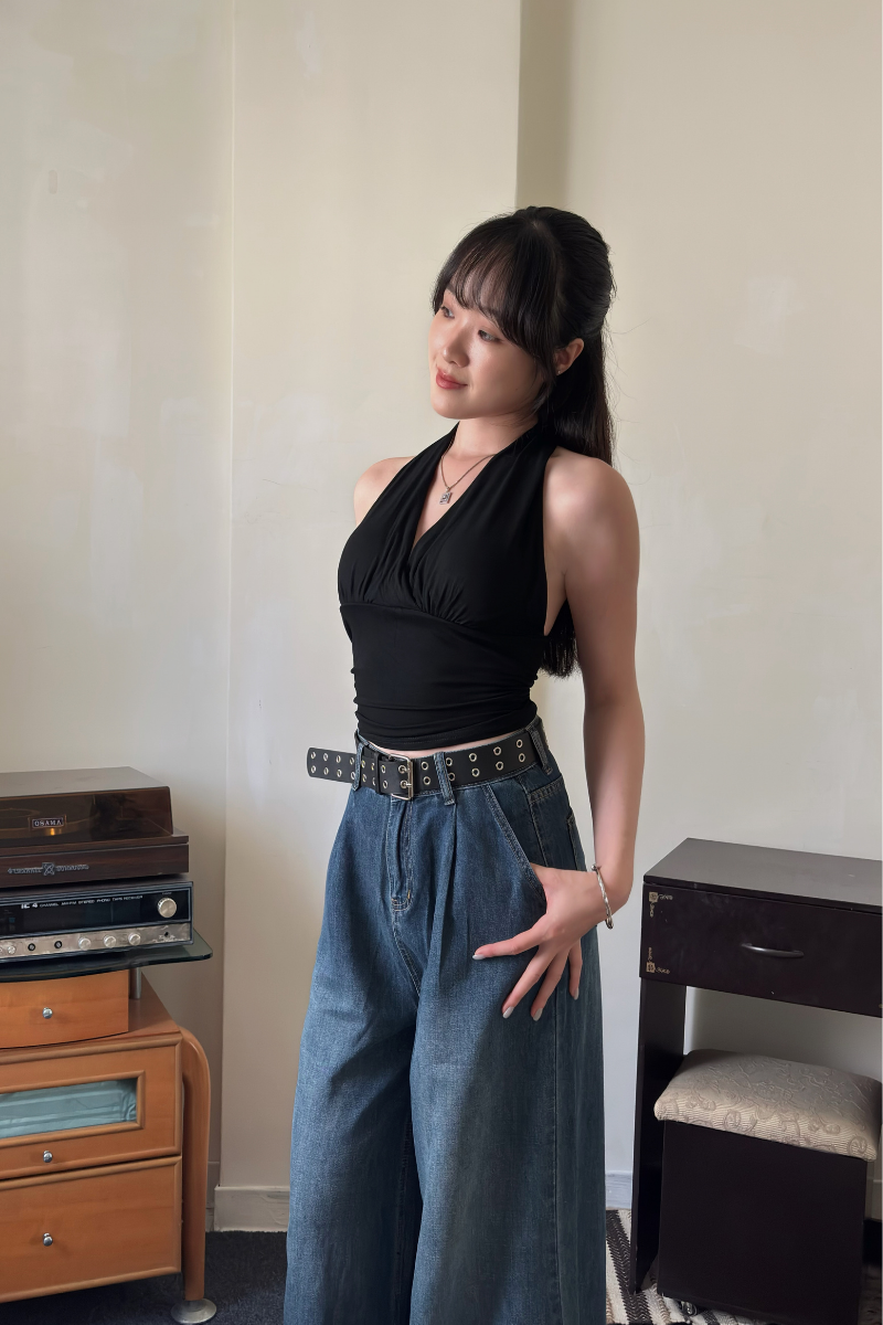 掛脖深V抓皺Bra Top_黑_3_800x1200