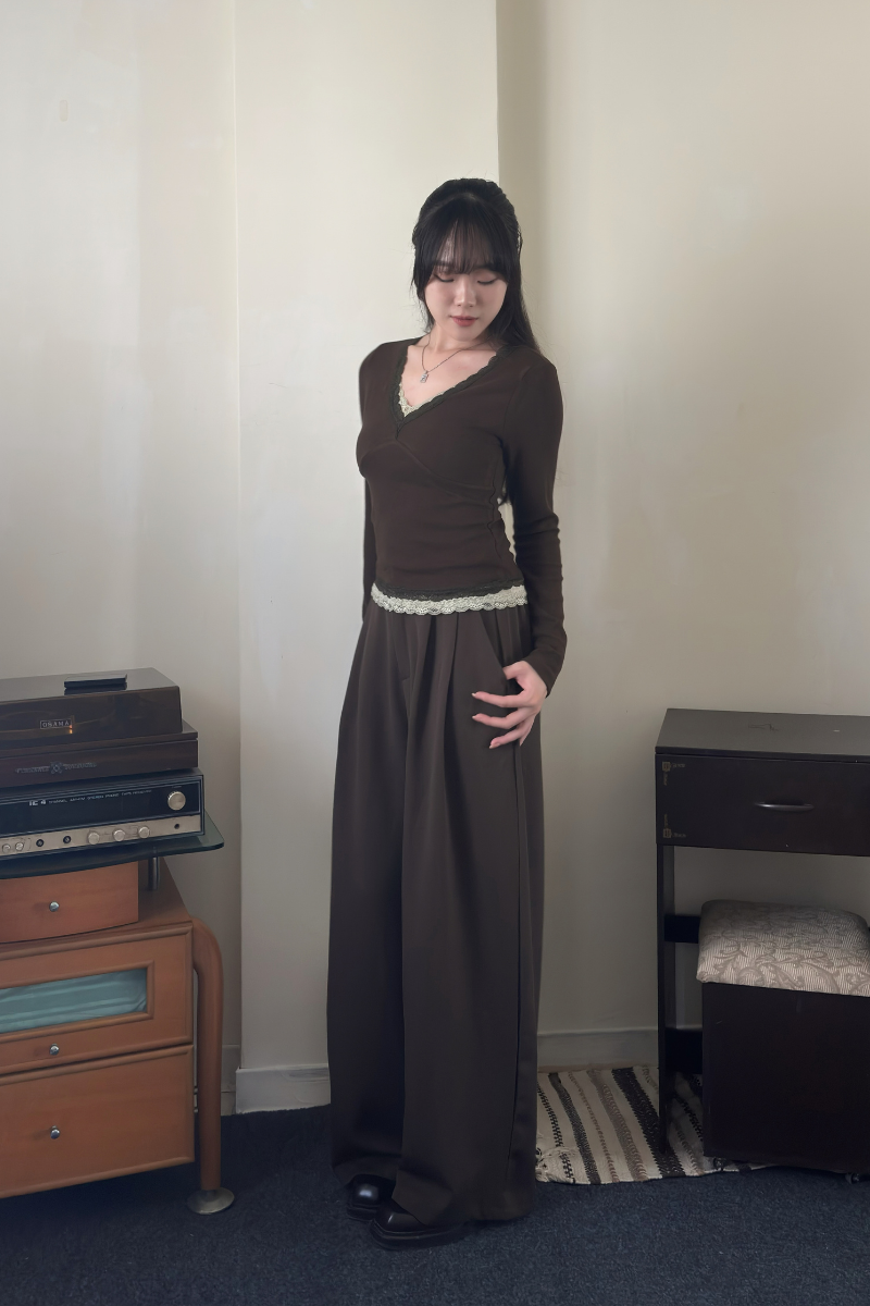 V領拼接花邊長袖_咖_5