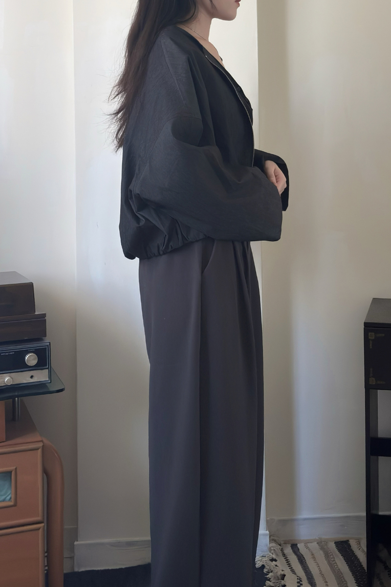 圓領寬鬆外套 _深藍_3