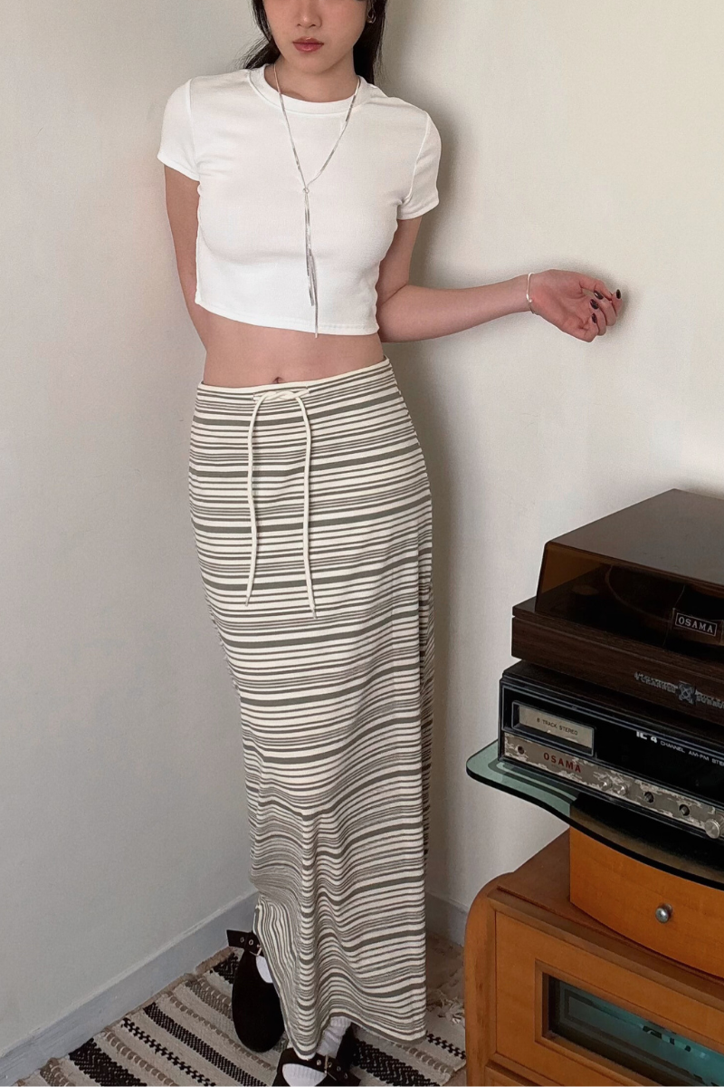 知性美橫條長裙_綠_1_800x1200