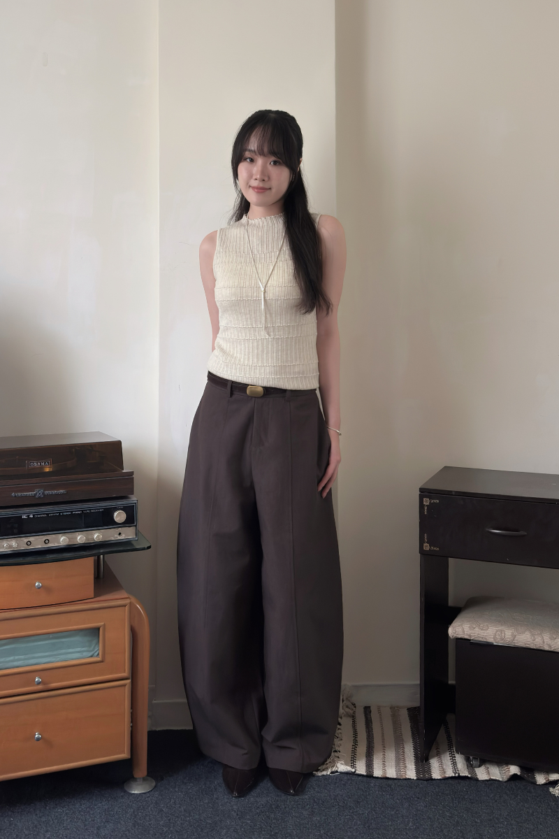 親膚坑條半立領上衣_杏_2