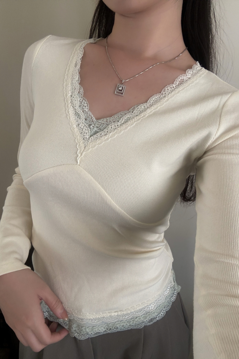 V領拼接花邊長袖_杏_3