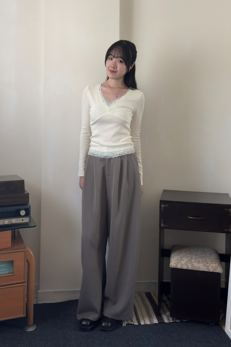 V領拼接花邊長袖_杏_1