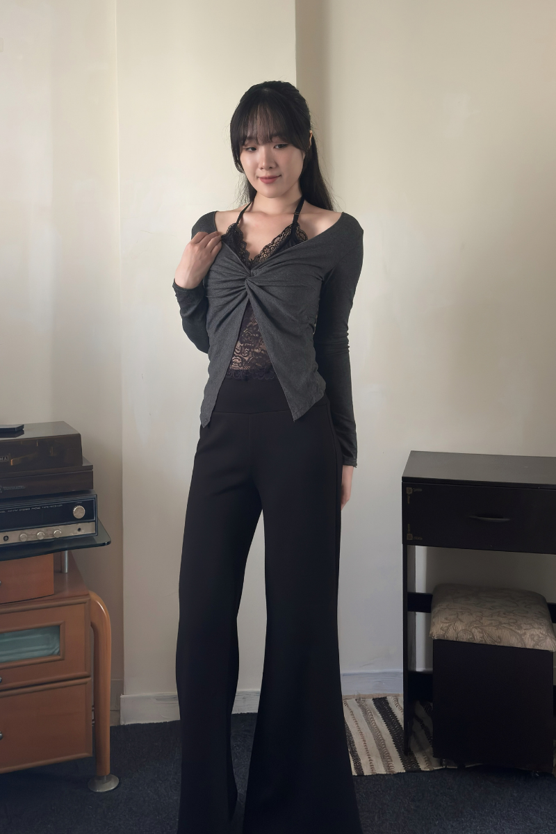 假兩件拼接蕾絲掛脖上衣_灰_2