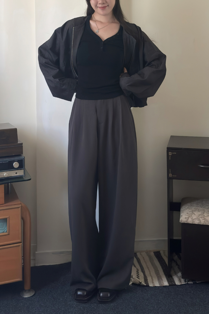 圓領寬鬆外套 _深藍_1