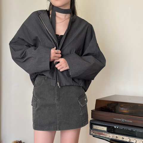 圓領飄帶外套_深藍_1