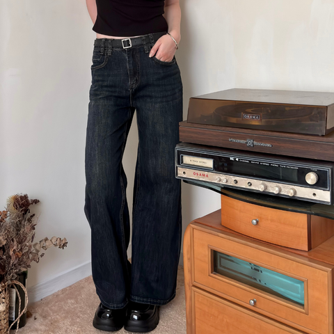 腿超直皮帶直筒褲_1