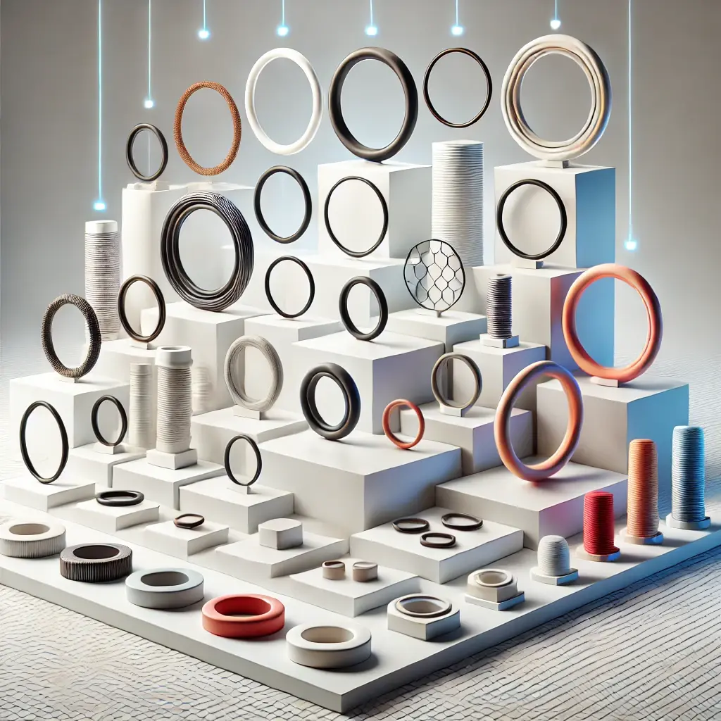 DALL·E 2025-02-19 09.57.32 - A visually appealing and professional display of various O-rings of different sizes, colors, and materials. The setup includes clean white platforms a