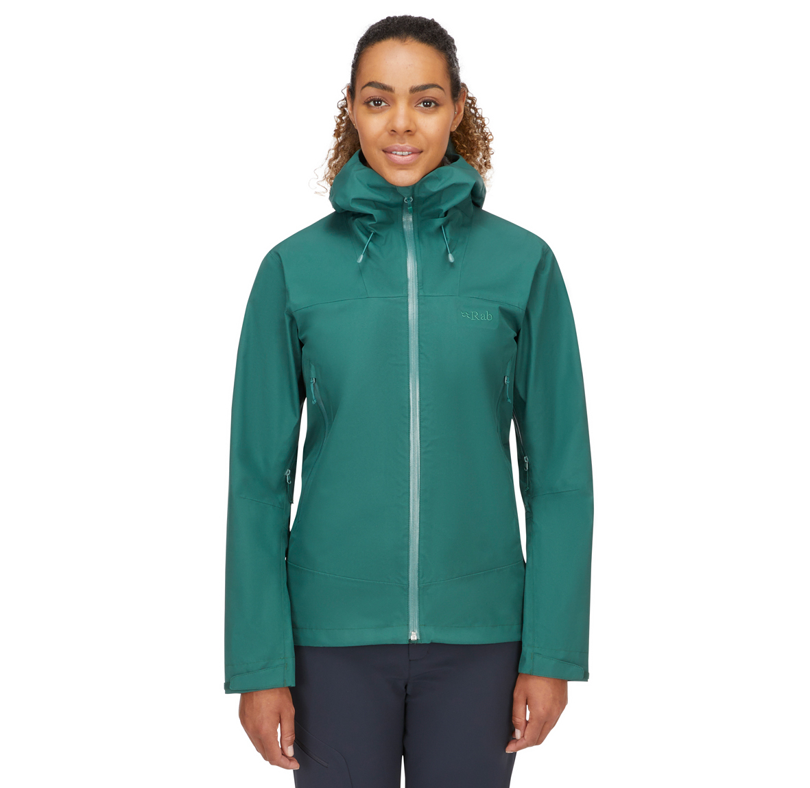 Womens_Namche_GTX_Jacket_GreenSlate_QWH_78_GNS_Model_Front_Crop