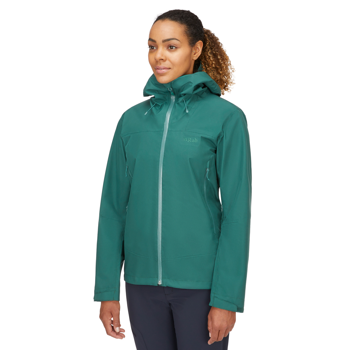 Womens_Namche_GTX_Jacket_GreenSlate_QWH_78_GNS_Model_Front_Angle