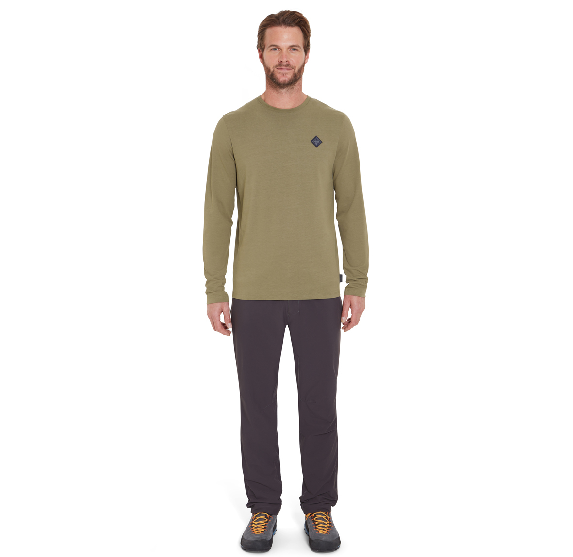 Basecamp_Logo_Badge_LS__Tee_LightKhaki_QCC_10_LKH_Model_Full_Front