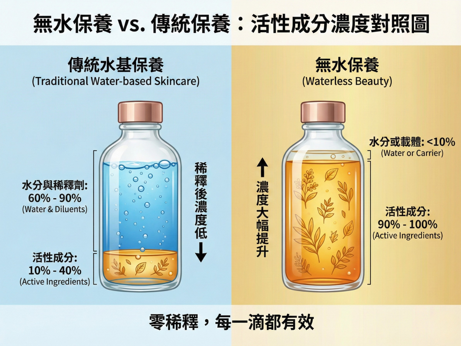圖片:傳統保養品 vs 無水保養品 成分比例對比圖