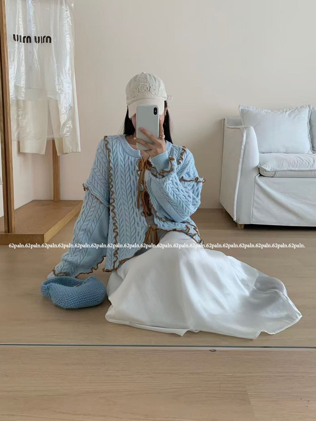 62plan 日系風撞色花邊針織毛衣外套 藍色穿搭