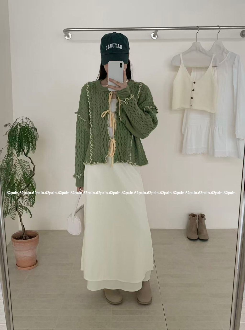 62plan 日系風撞色花邊針織毛衣外套 綠色穿搭