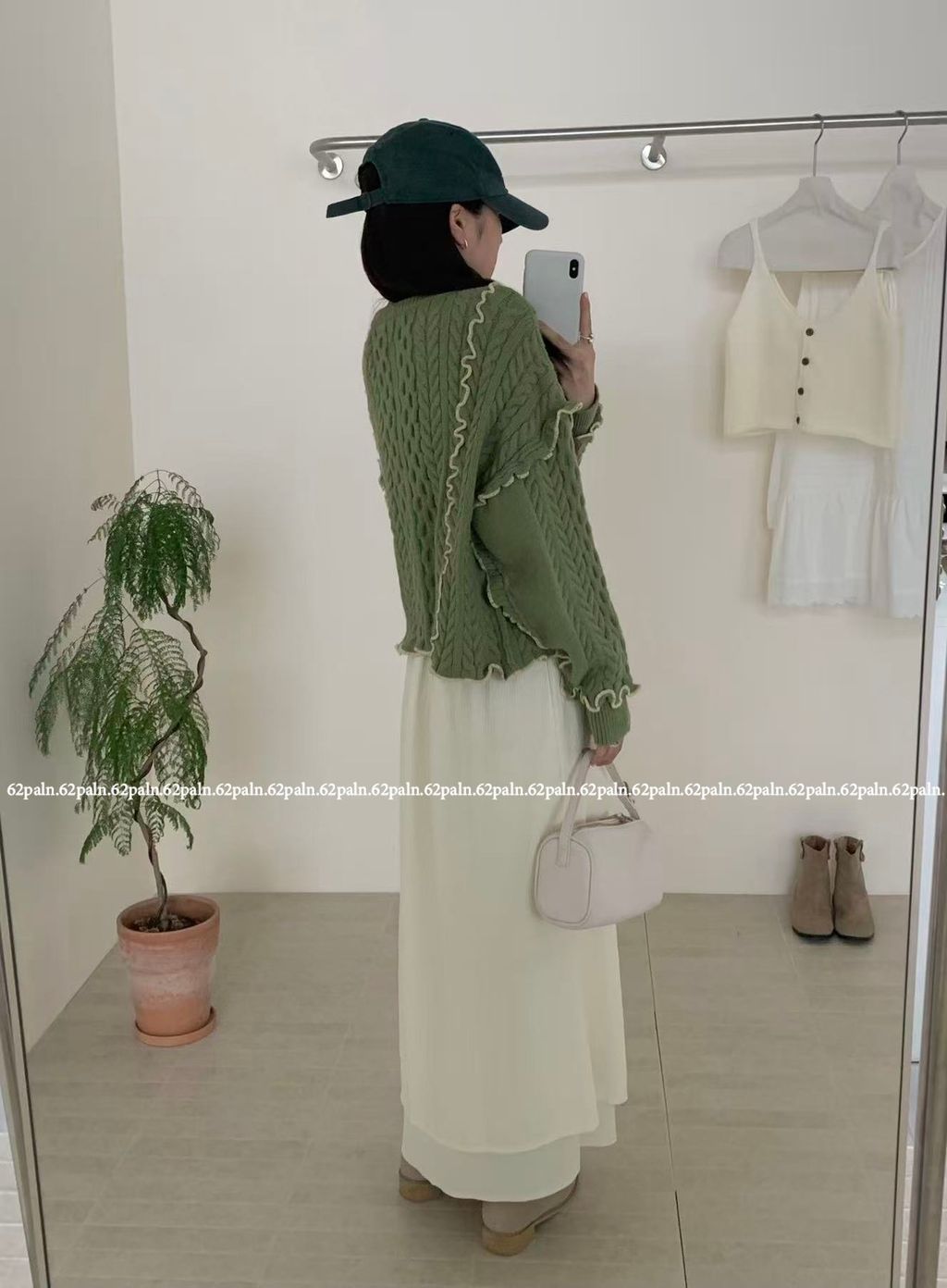 62plan 日系風撞色花邊針織毛衣外套 綠色穿搭