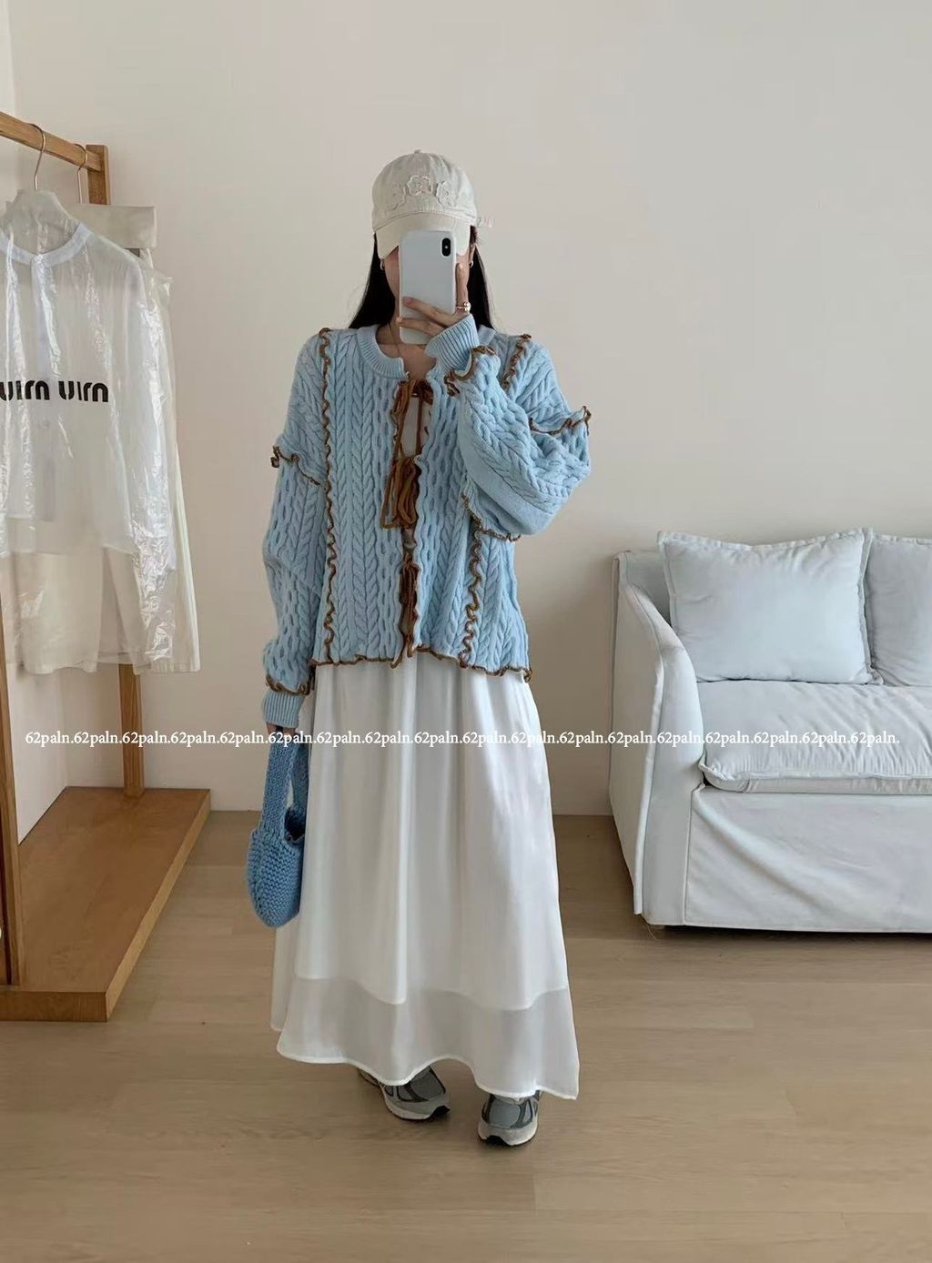 62plan 日系風撞色花邊針織毛衣外套 藍色穿搭