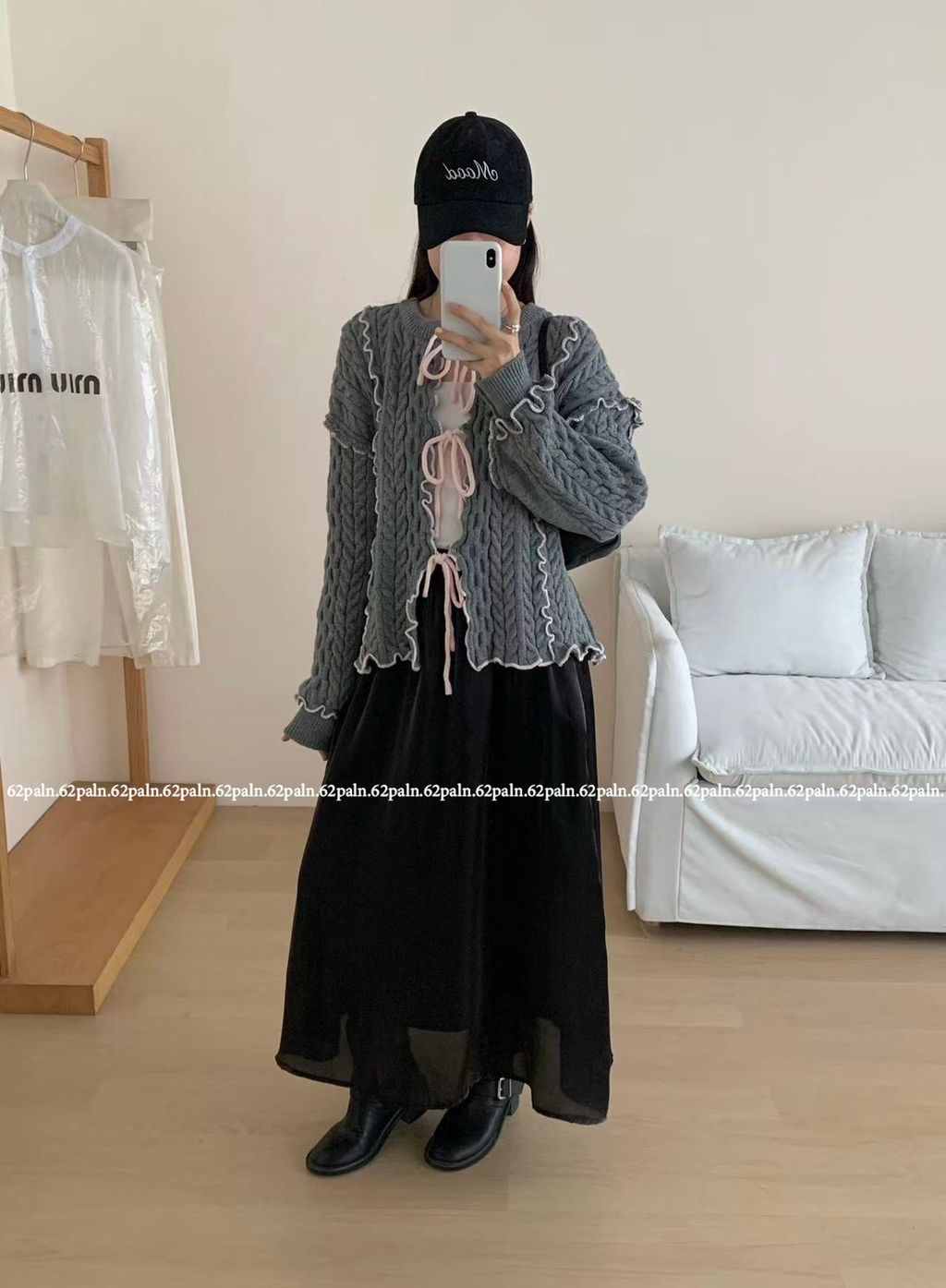 62plan 日系風撞色花邊針織毛衣外套 灰色穿搭