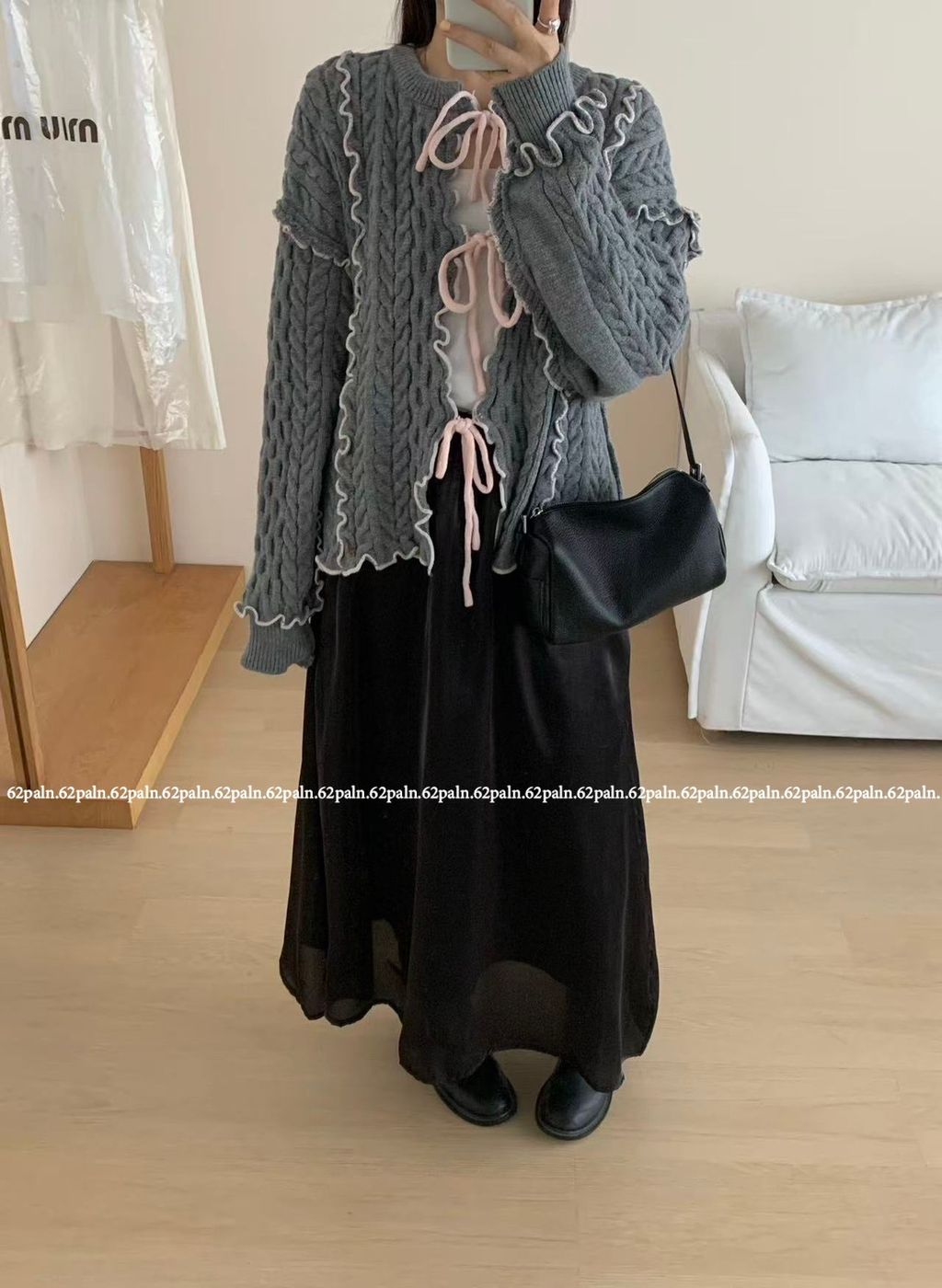 62plan 日系風撞色花邊針織毛衣外套 灰色穿搭