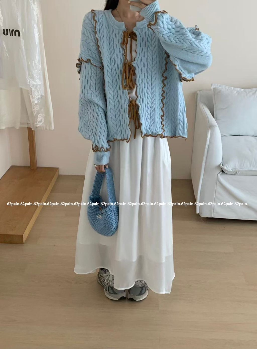 62plan 日系風撞色花邊針織毛衣外套 藍色穿搭