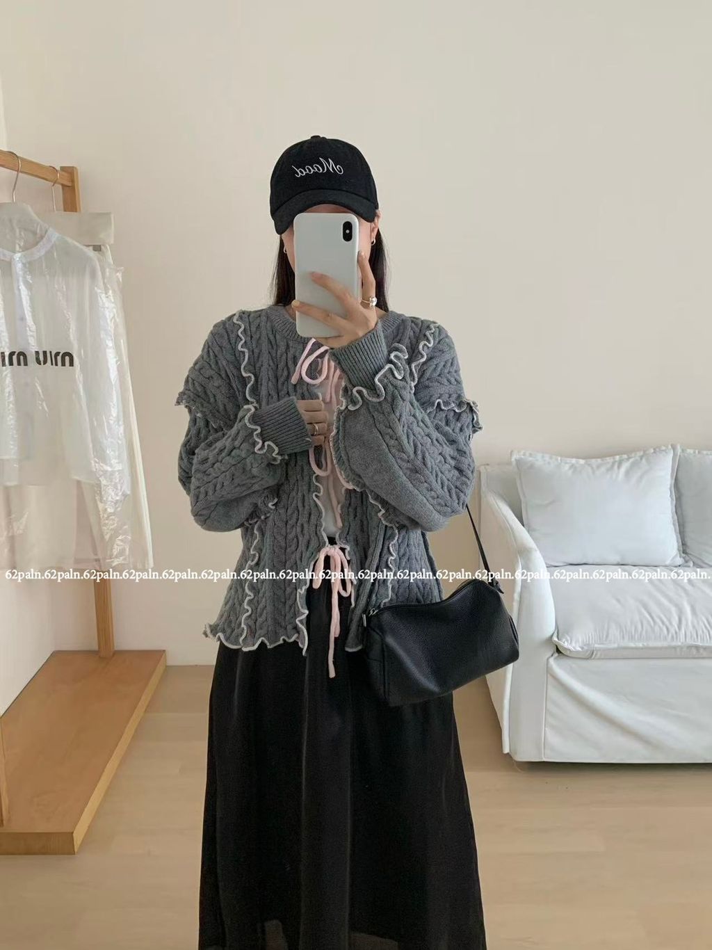 62plan 日系風撞色花邊針織毛衣外套 灰色穿搭