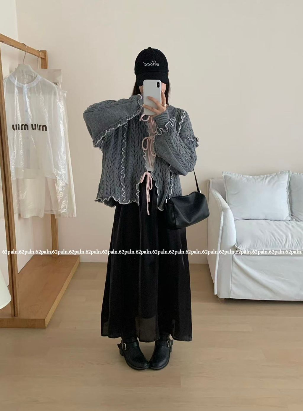 62plan 日系風撞色花邊針織毛衣外套 灰色穿搭