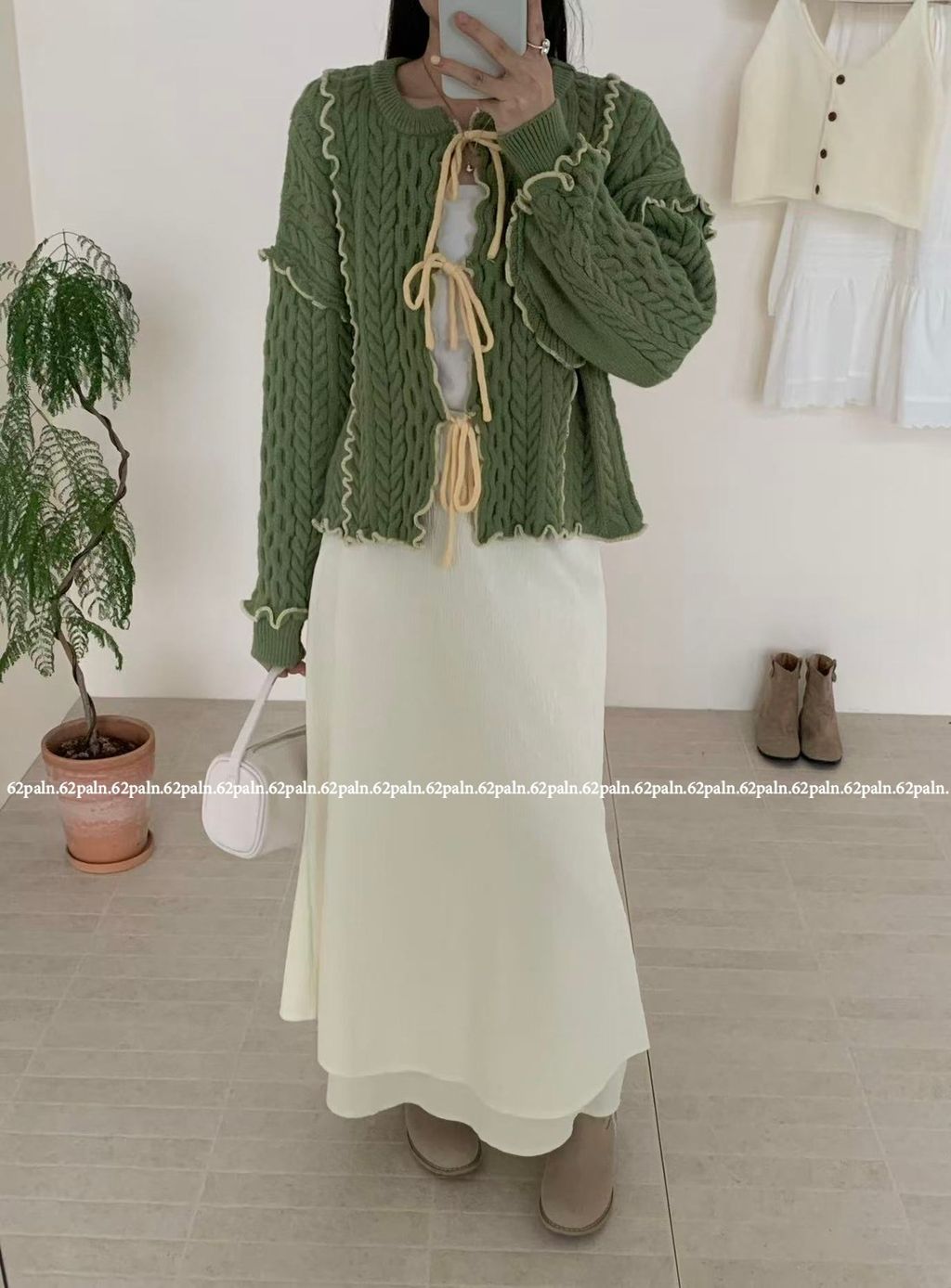 62plan 日系風撞色花邊針織毛衣外套 綠色穿搭