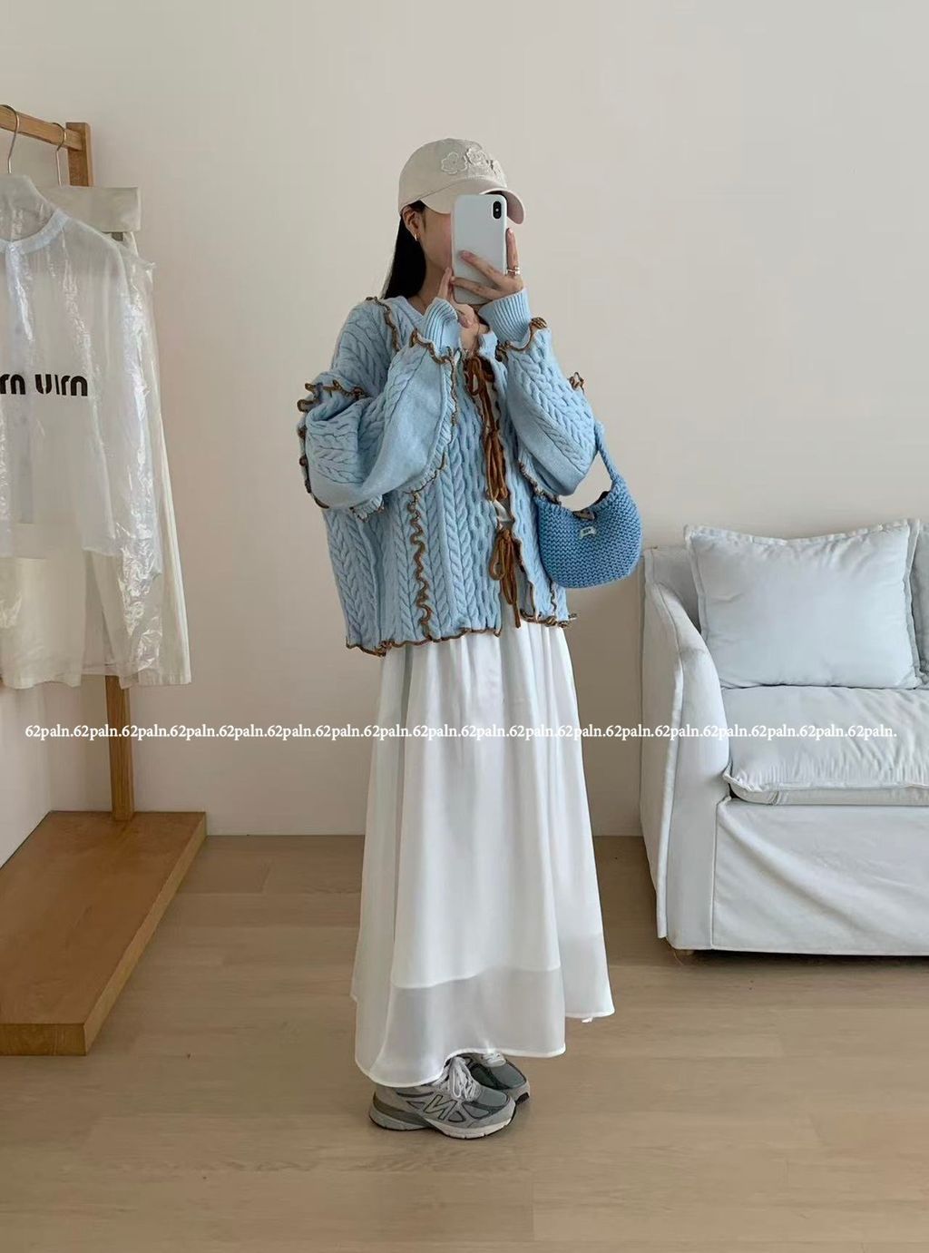 62plan 日系風撞色花邊針織毛衣外套 藍色穿搭