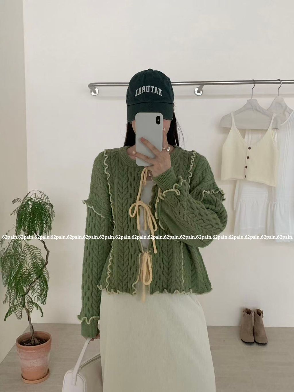 62plan 日系風撞色花邊針織毛衣外套 綠色穿搭