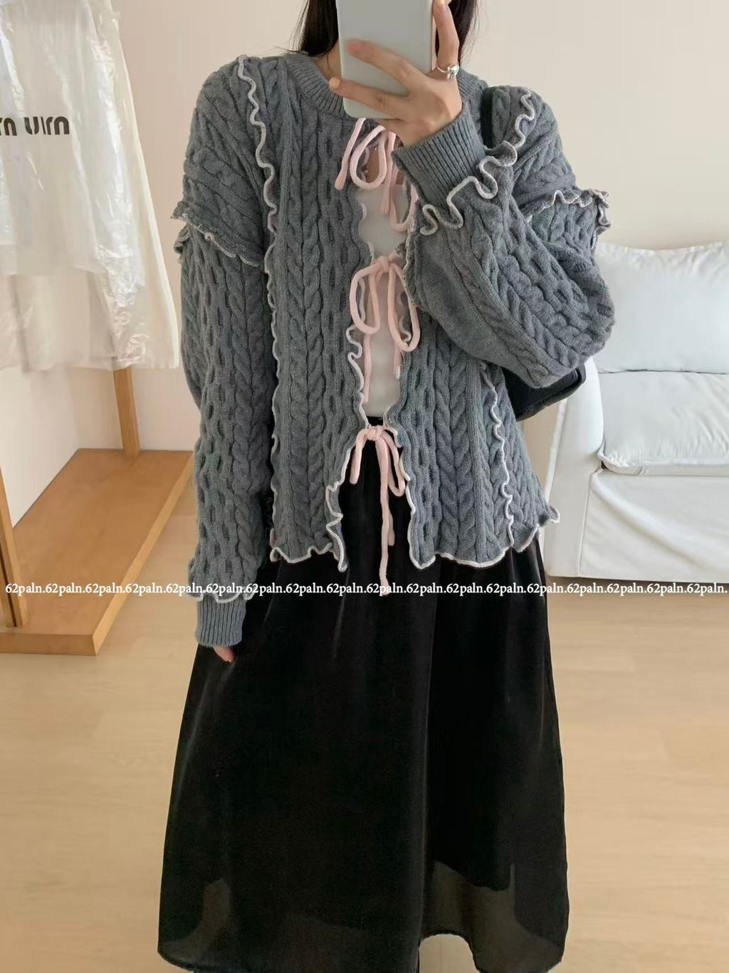 62plan 日系風撞色花邊針織毛衣外套 灰色穿搭