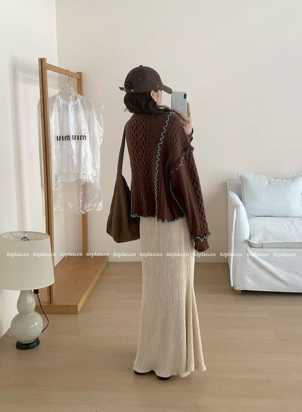 62plan 日系風撞色花邊針織毛衣外套 咖色穿搭