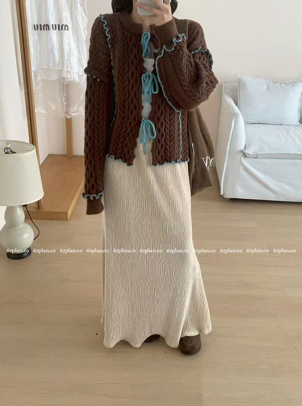 62plan 日系風撞色花邊針織毛衣外套 灰色穿搭