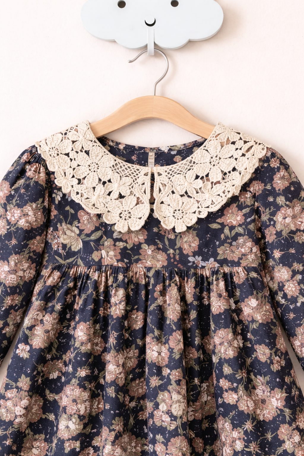 Navy blue floral dress with lace collar