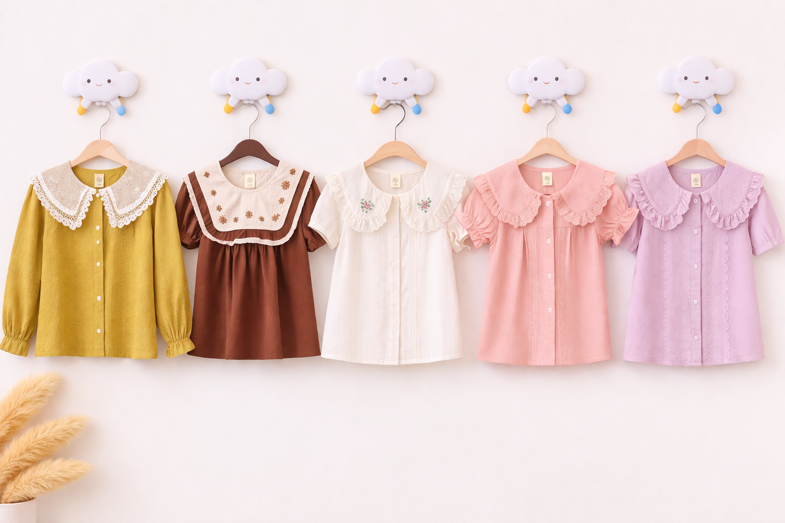 Pastel blouse display with cloud hooks