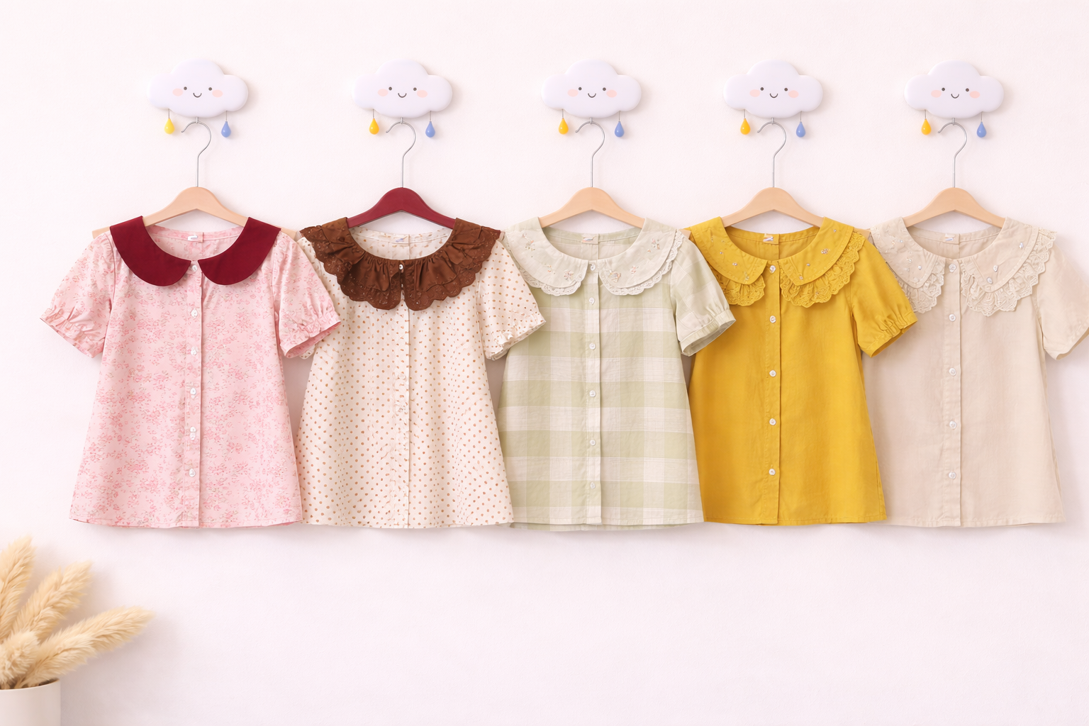 Pastel blouses on cloud hooks