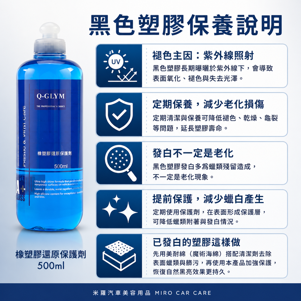 Q-GLYM 橡塑膠還原保護劑 500ml_黑色塑膠保養說明