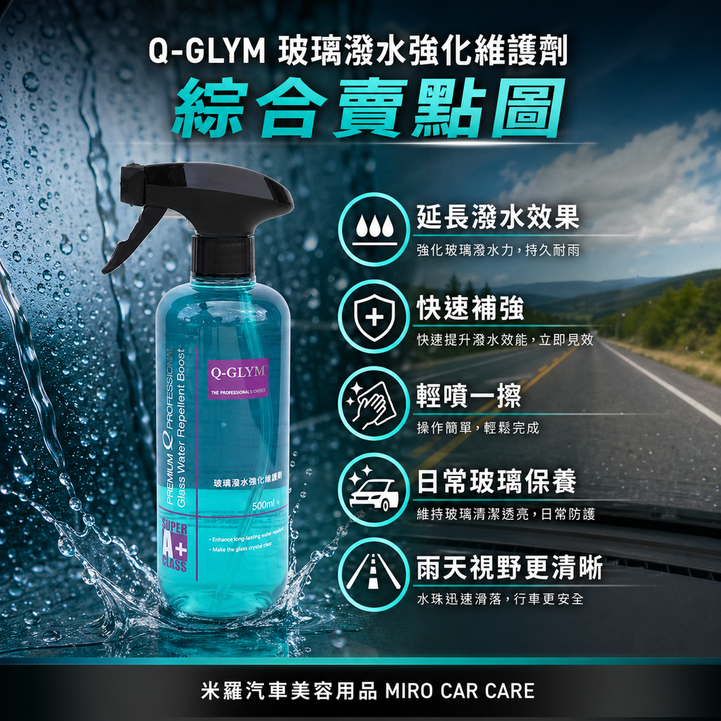 Q-GLYM 玻璃潑水強化維護劑 500ml_綜合賣點圖
